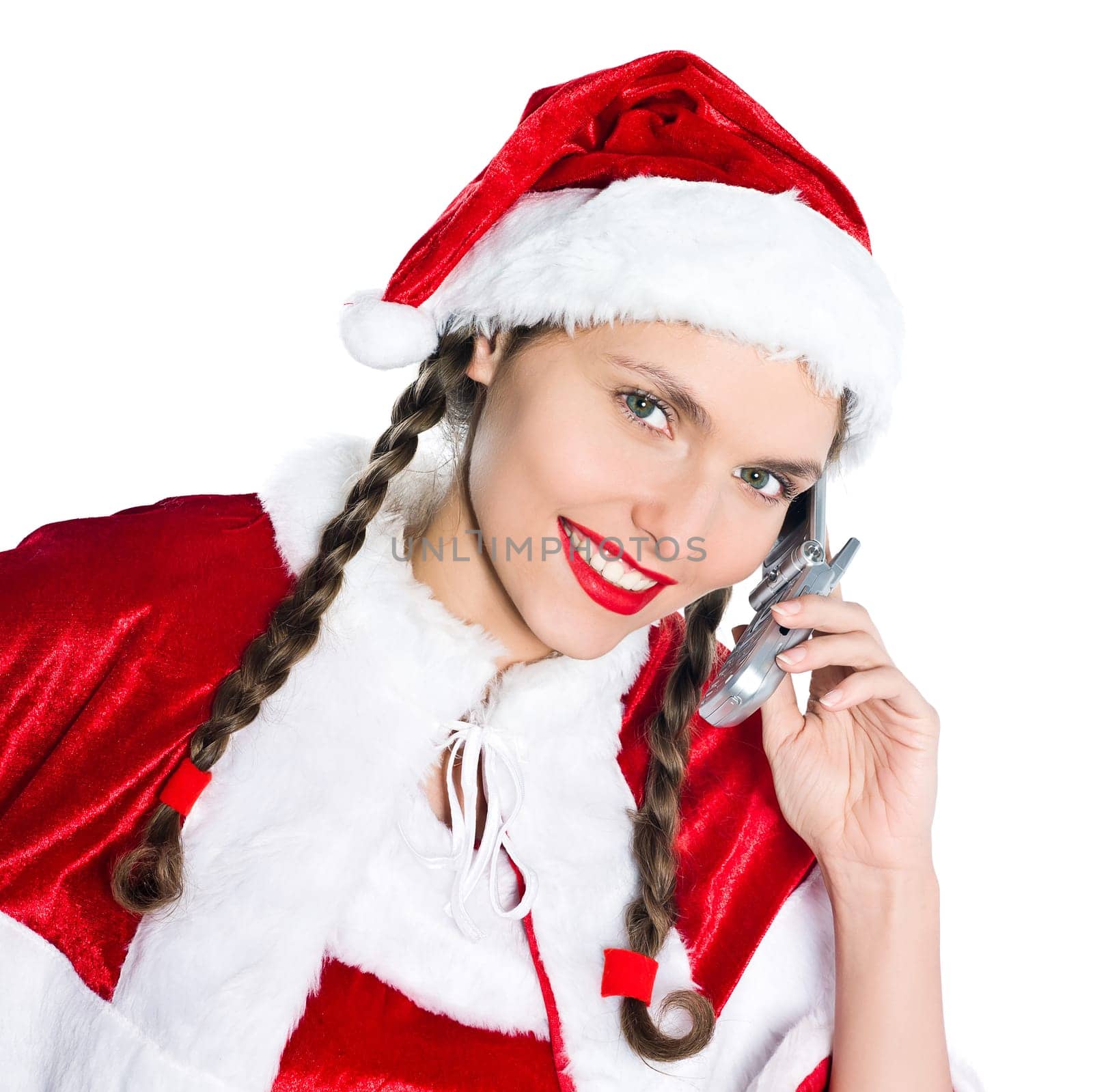 one woman dressed as santa claus on telephone conversation studio isolated white background