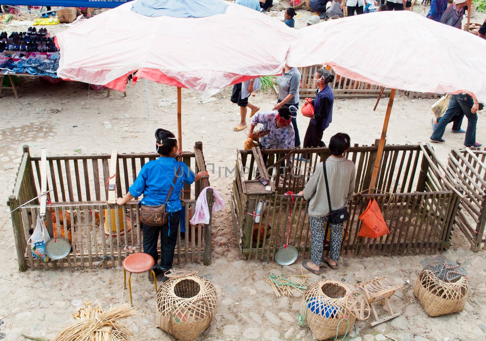 Guizhou, China - July 3: A very traditional market in rural China with woman trying to sell livestock on July 3, 2011.