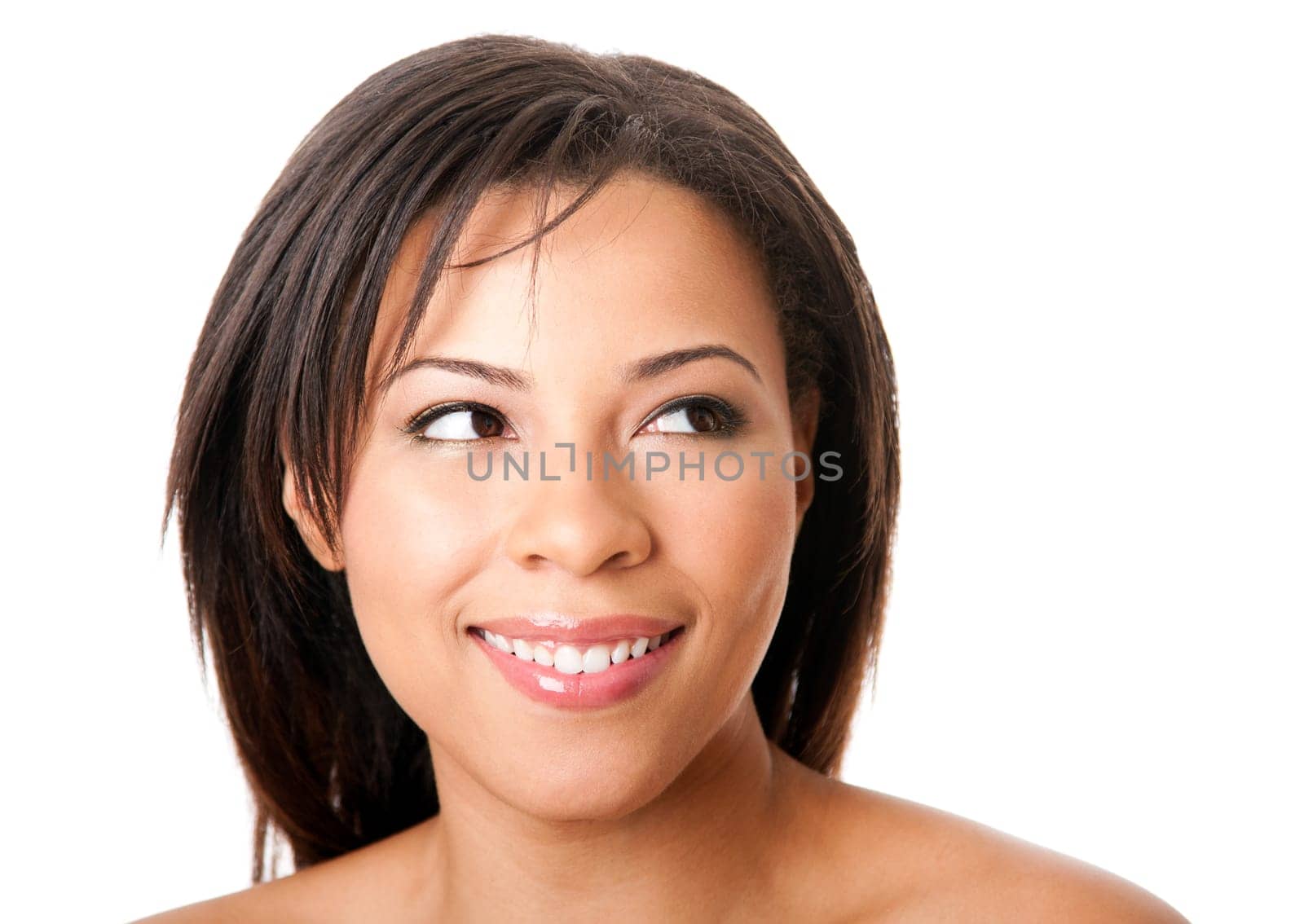 Face of a beautiful attractive happy young woman with short hair looking to the side, skincare concept,  isolated.