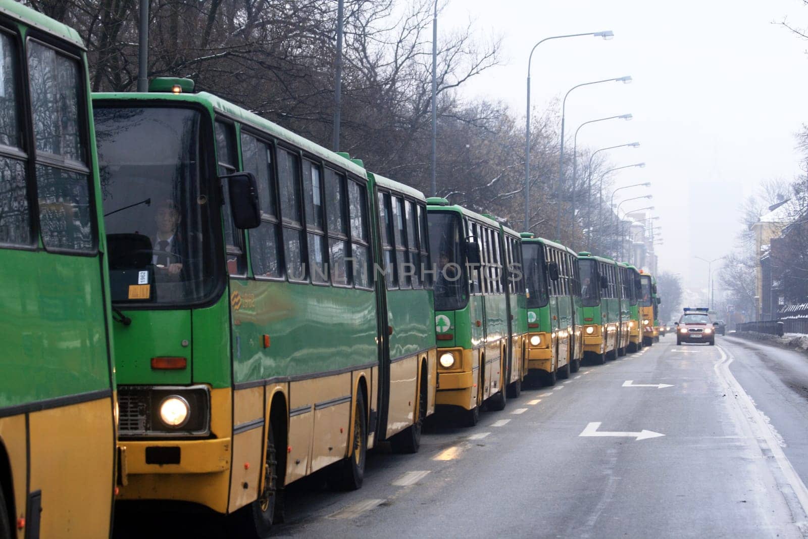 Poznan, Poland - january 16: solemn farewell of high-floor buses in the parade, organized by MPK Poznan sp z o. o. and Rail Vehicles Enthusiasts Club, acombined with the celebration of 85 years of bus service in Poznan