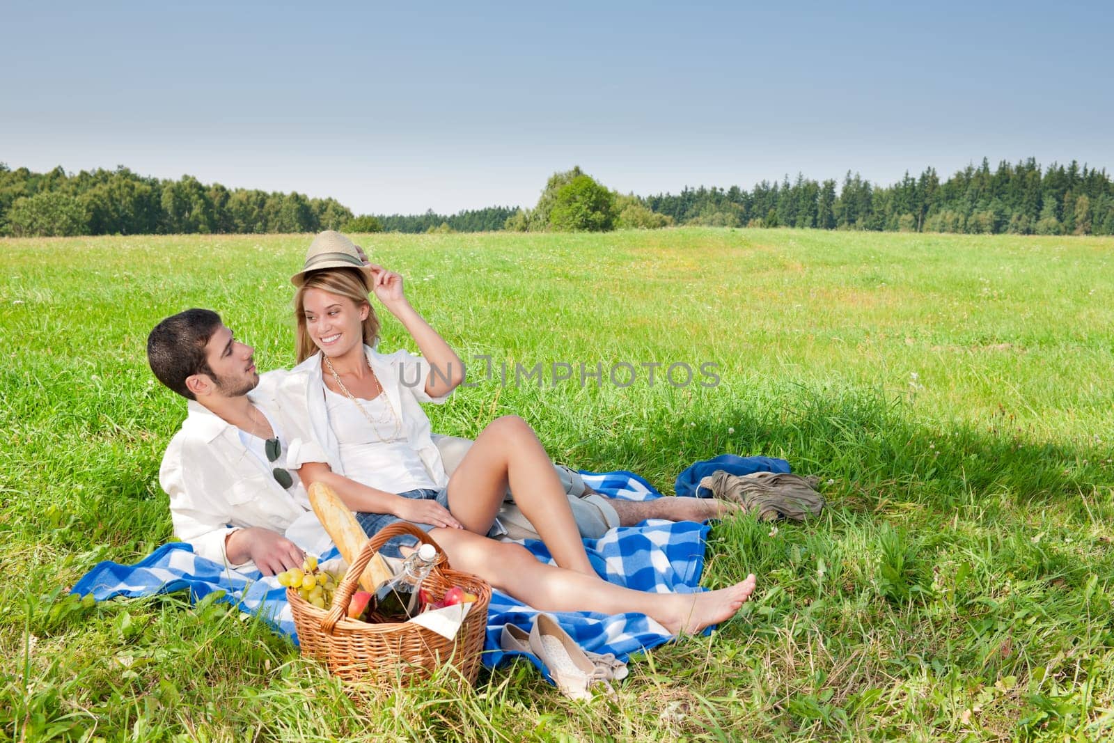 Picnic - Romantic happy couple in meadows nature sunny day