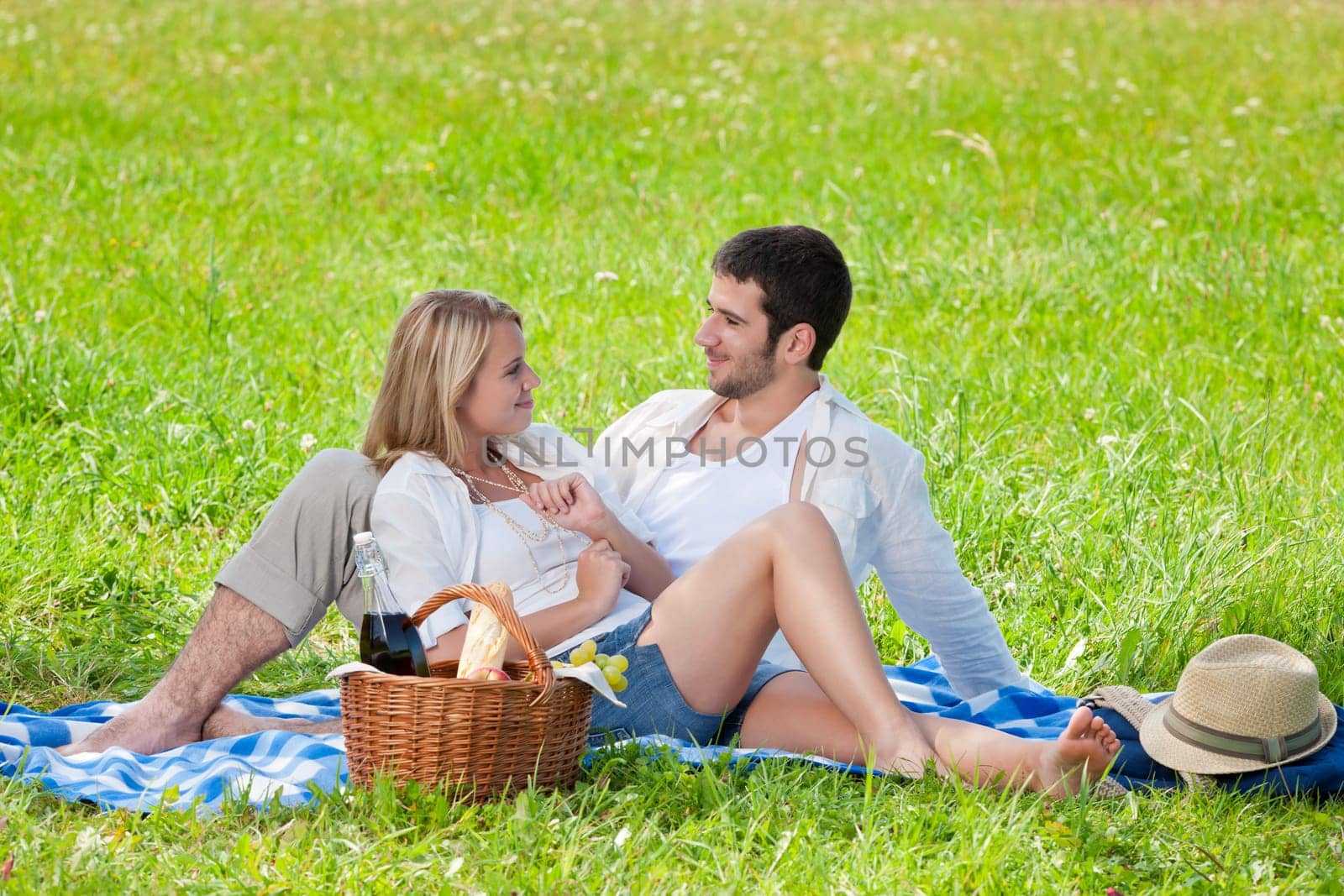 Picnic - Romantic happy couple in meadows nature sunny day