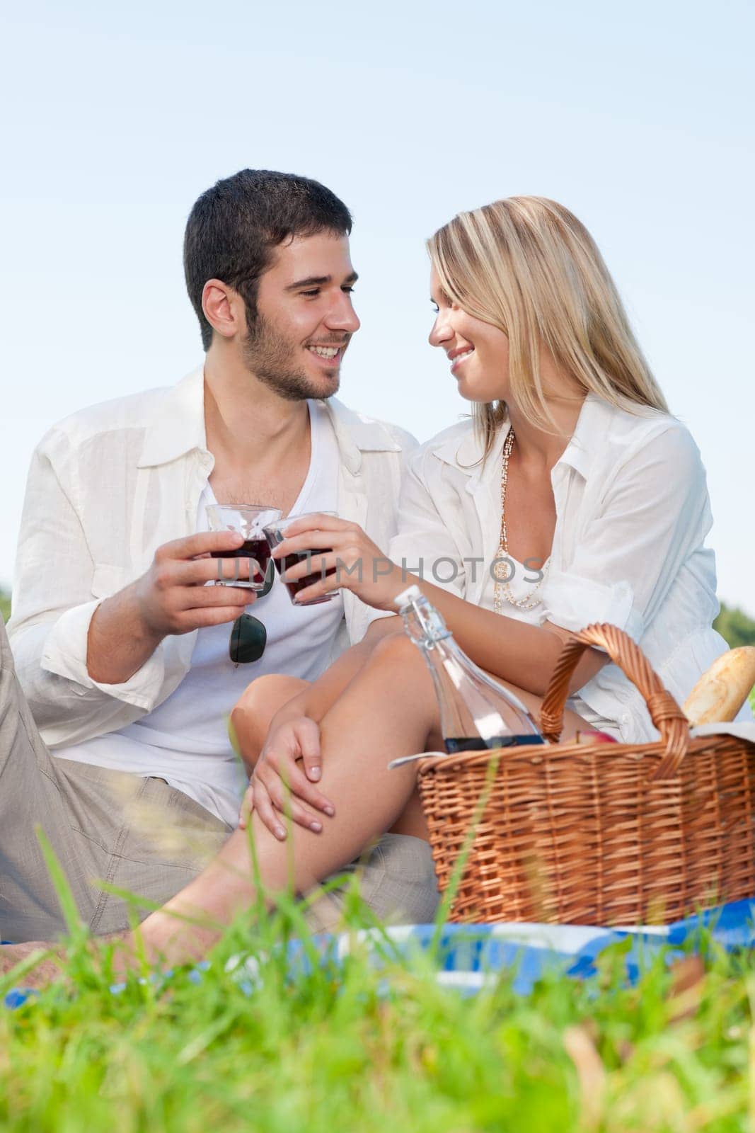 Picnic - Romantic happy couple celebrating with wine in sunny nature