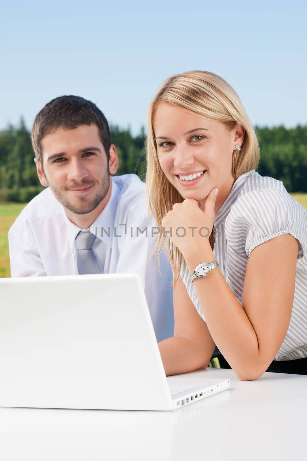 Business colleagues in nature office working on laptop smile