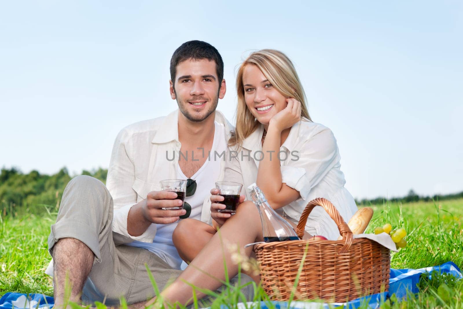 Picnic - Romantic happy couple celebrating with wine in sunny nature