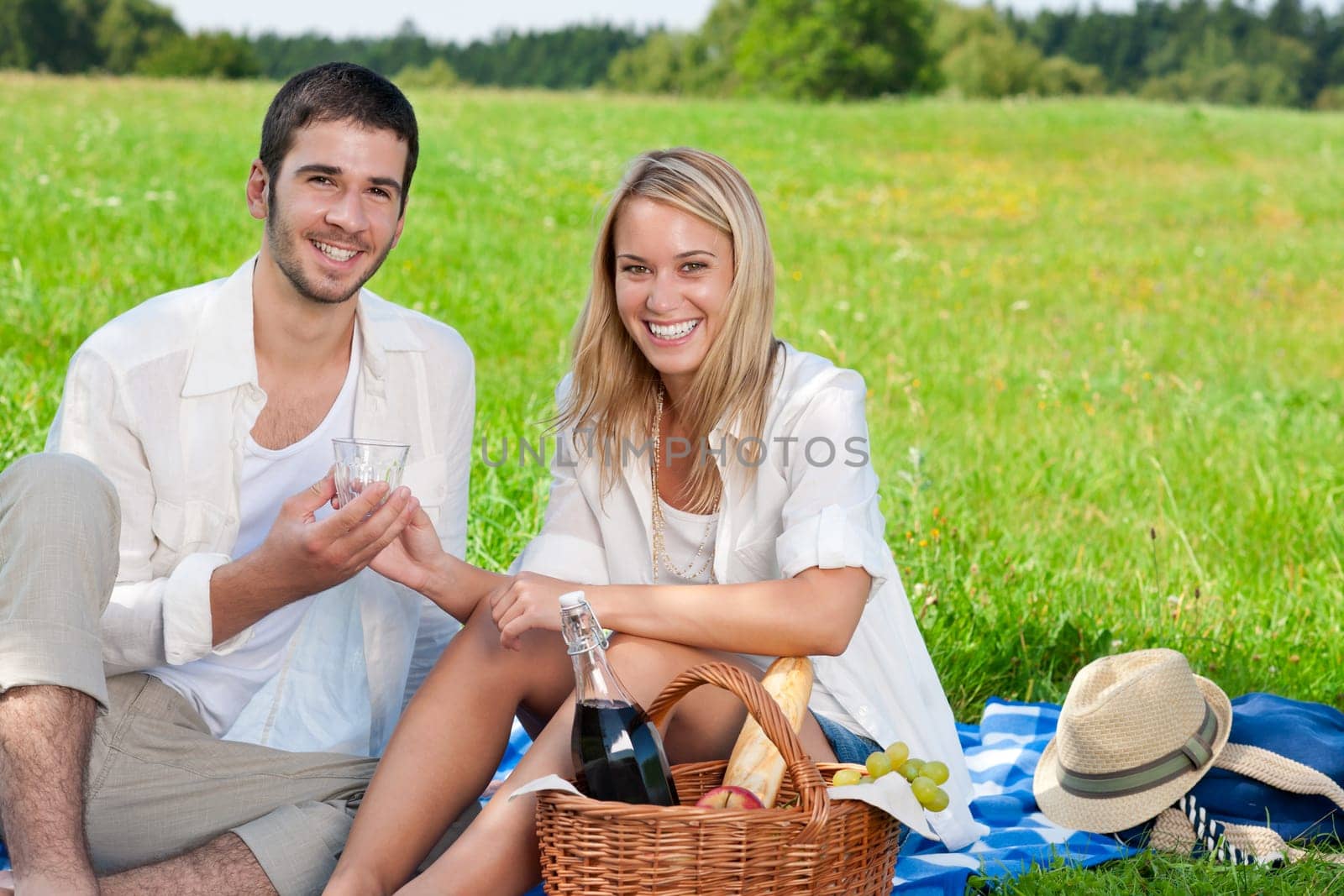 Picnic - Romantic happy couple celebrating with wine in sunny nature