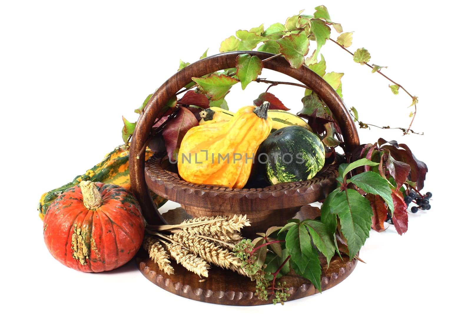 a basket decorated with ornamental pumpkin,wild vine and ears of wheat