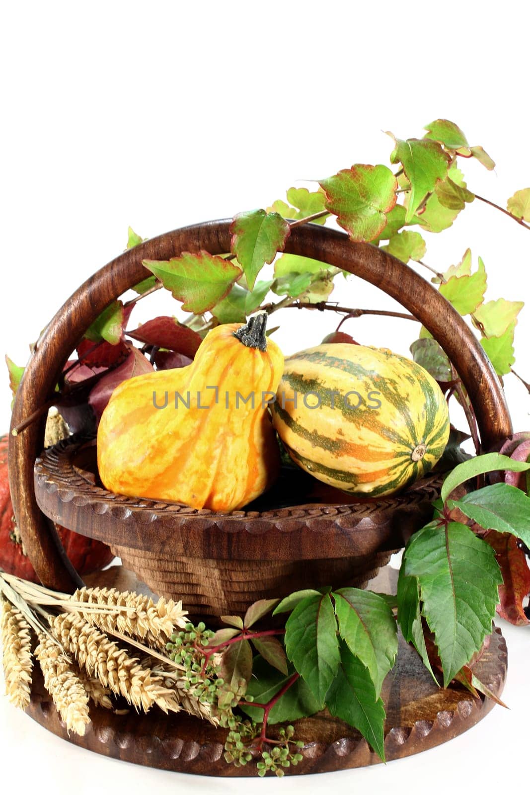 a basket decorated with ornamental pumpkin,wild vine and ears of wheat