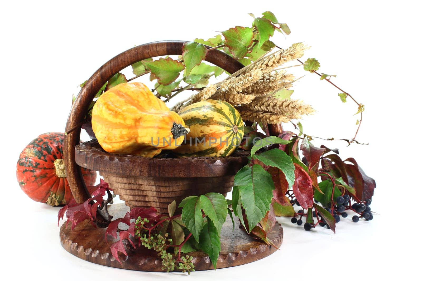 a basket decorated with ornamental pumpkin,wild vine and ears of wheat