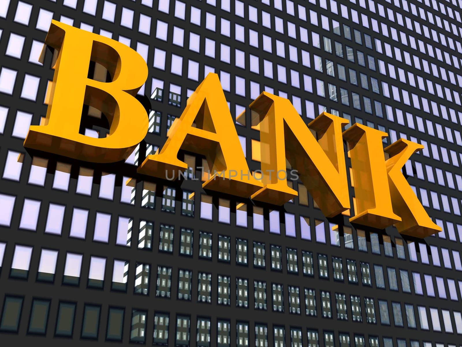 Close up of the facade of a modern building and orange sign bank