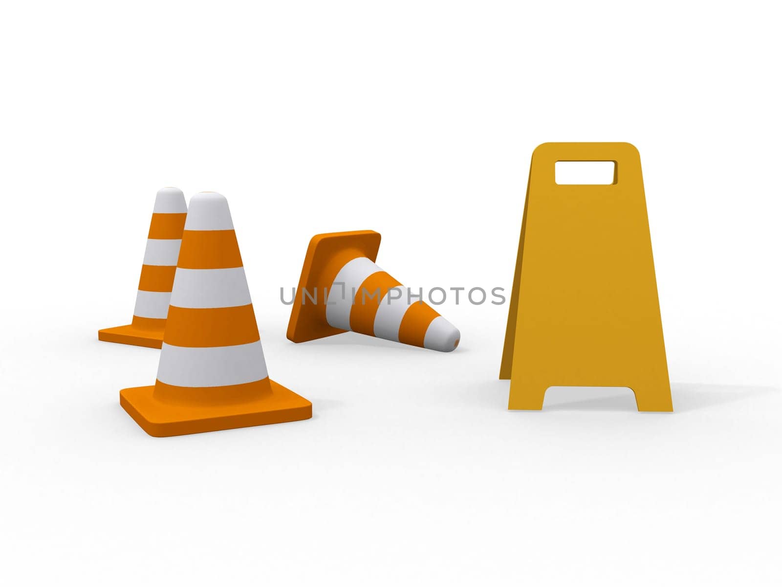 3d illustration of traffic cone knock over on white background
