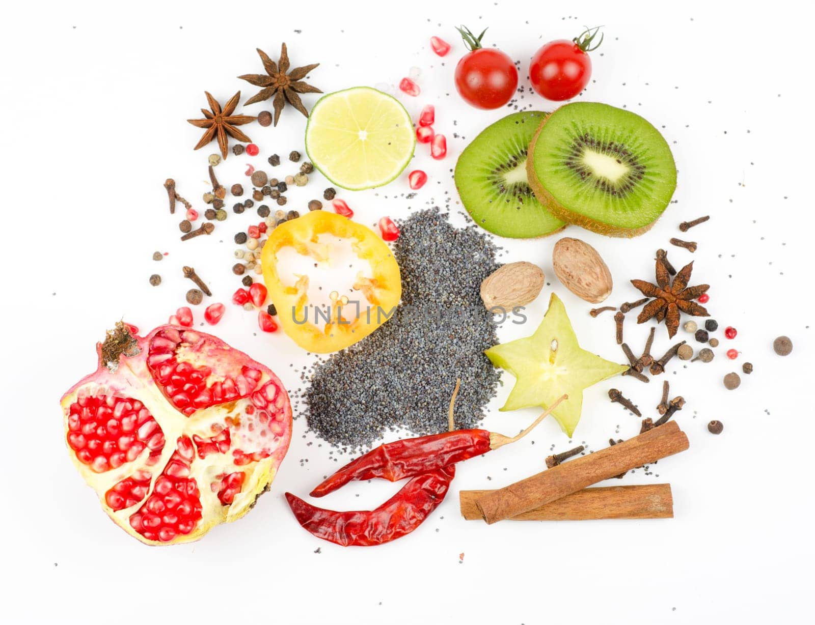 Colorful spices on a white background - beautiful kitchen image.