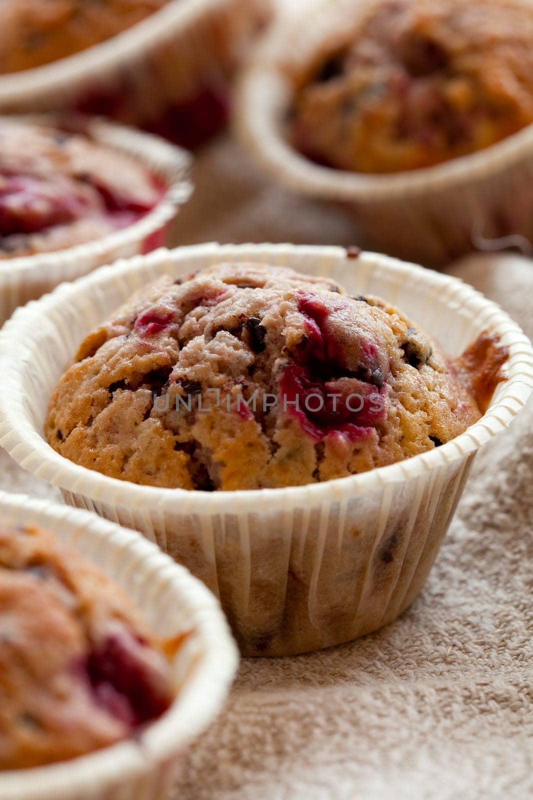 Close-up of delicious homemade raspberry chocolate muffins
