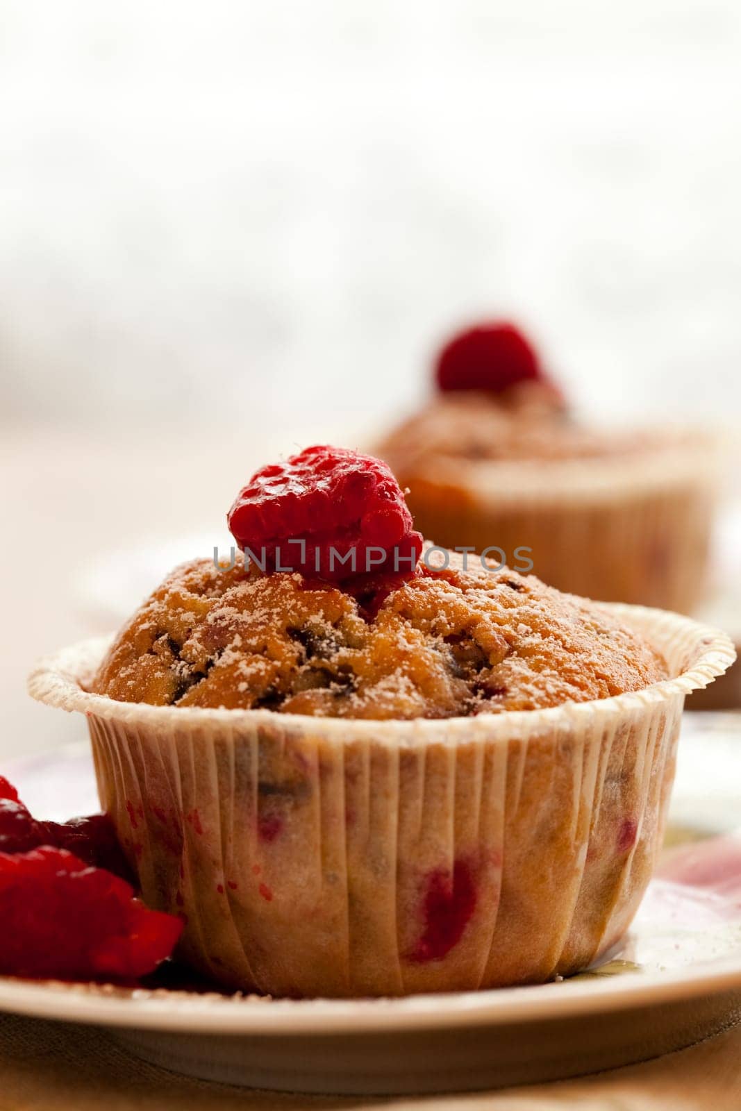 Close-up of delicious homemade raspberry chocolate muffins