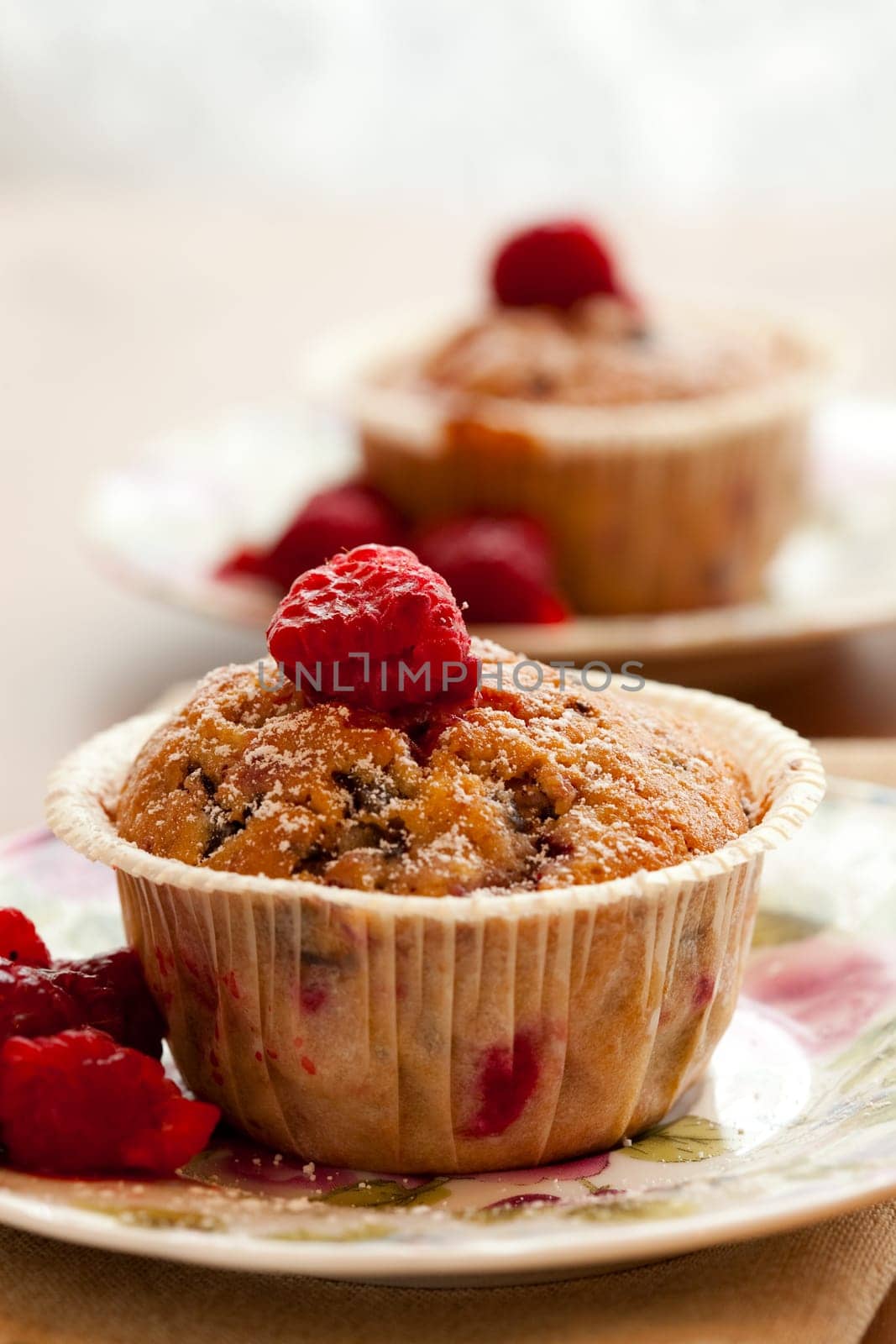 Close-up of delicious homemade raspberry chocolate muffins