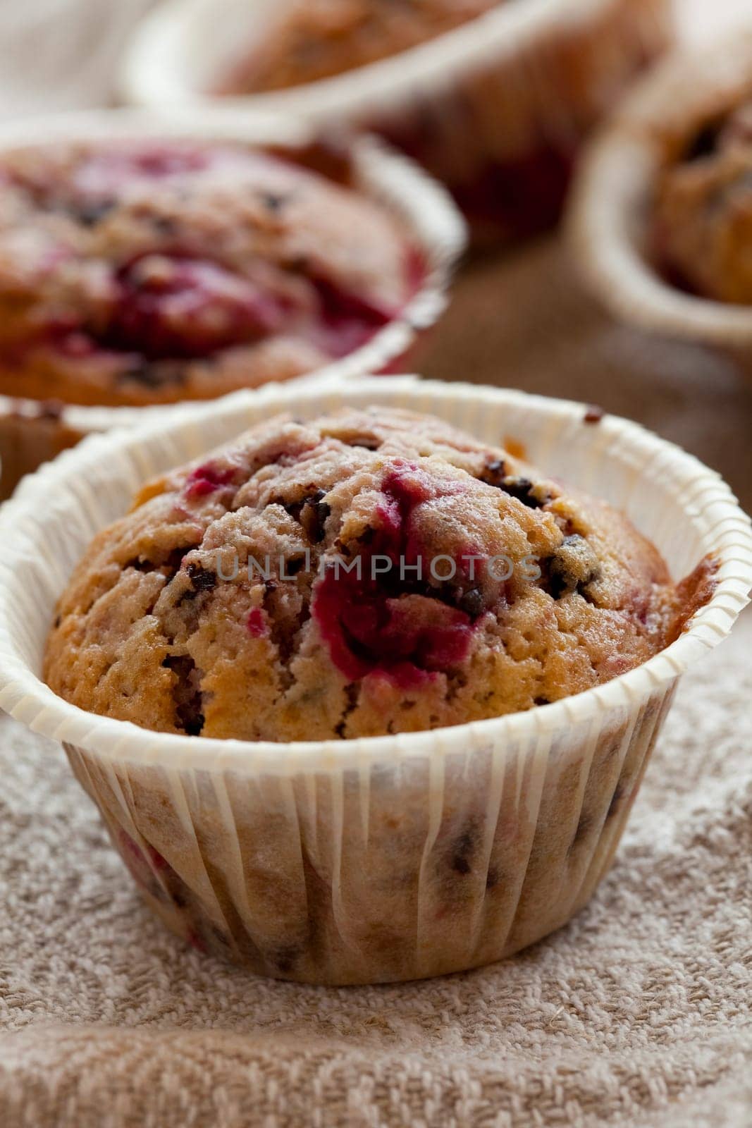 Close-up of delicious homemade raspberry chocolate muffins