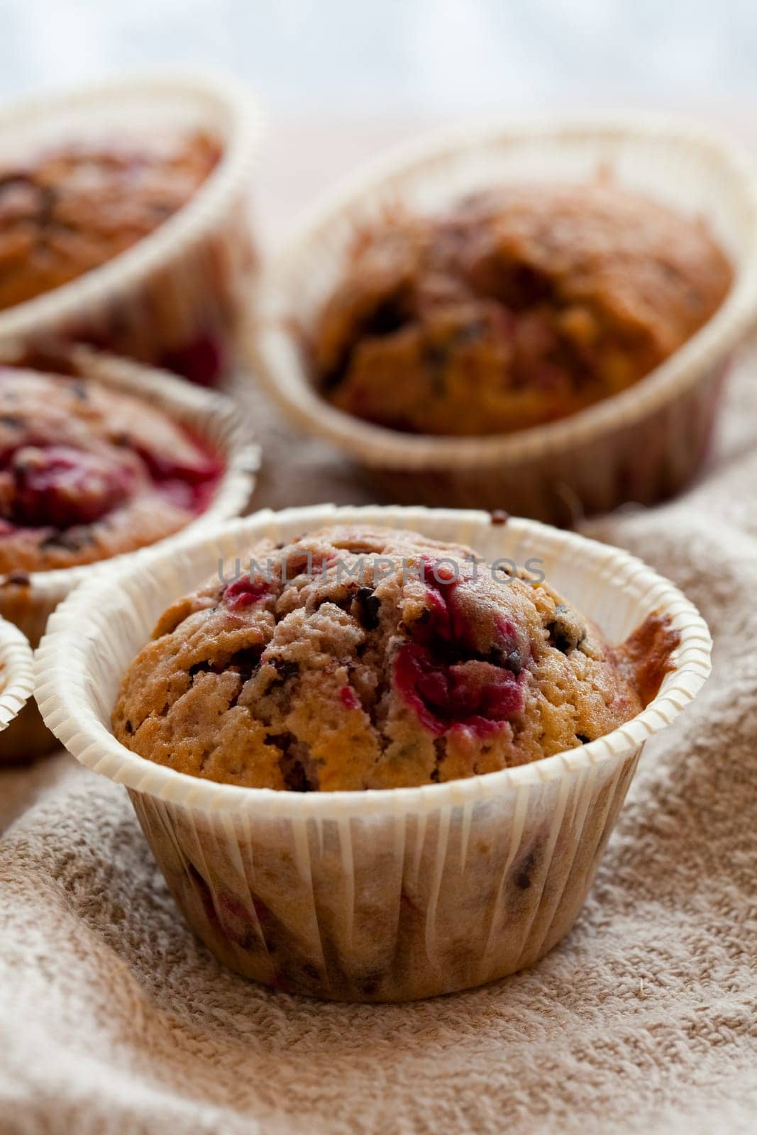 Close-up of delicious homemade raspberry chocolate muffins