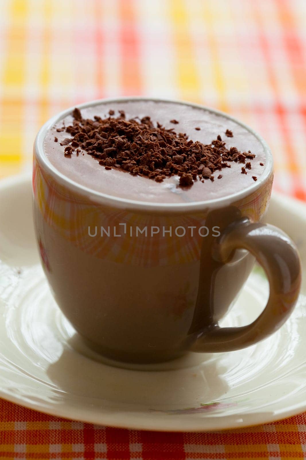 Close-up of delicious hot chocolate with chocolate sprinkles