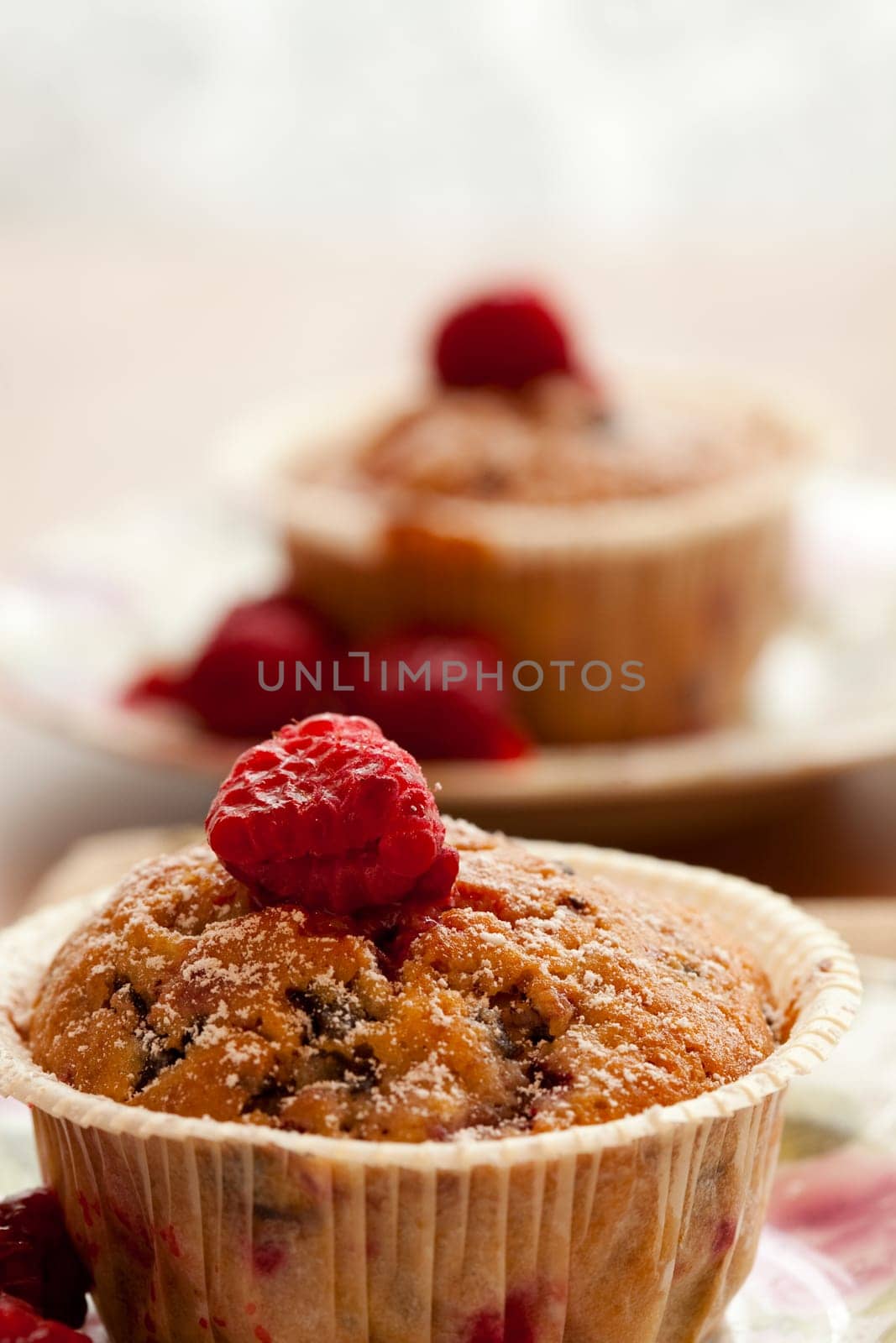 Close-up of delicious homemade raspberry chocolate muffins
