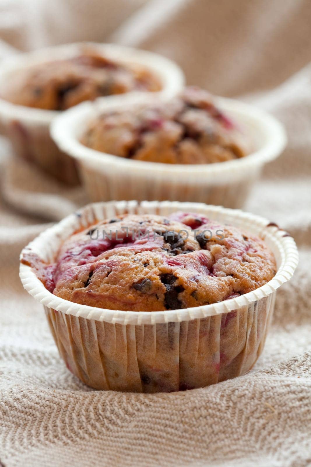 Close-up of delicious homemade raspberry chocolate muffins