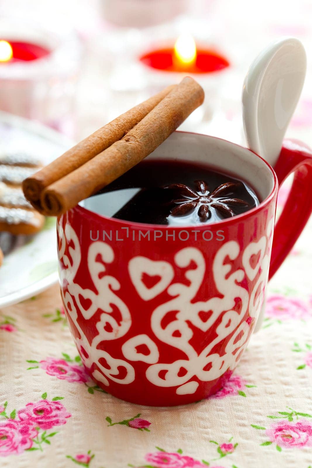 Close-up of mulled wine with spices for Christmas