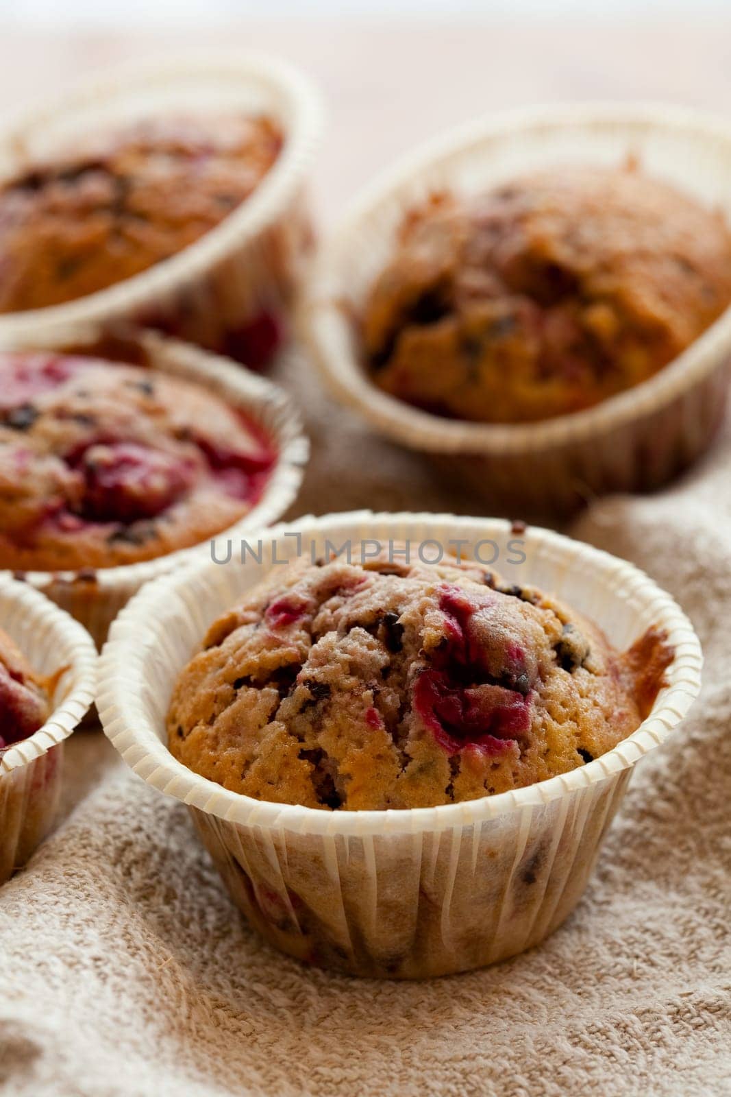 Close-up of delicious homemade raspberry chocolate muffins