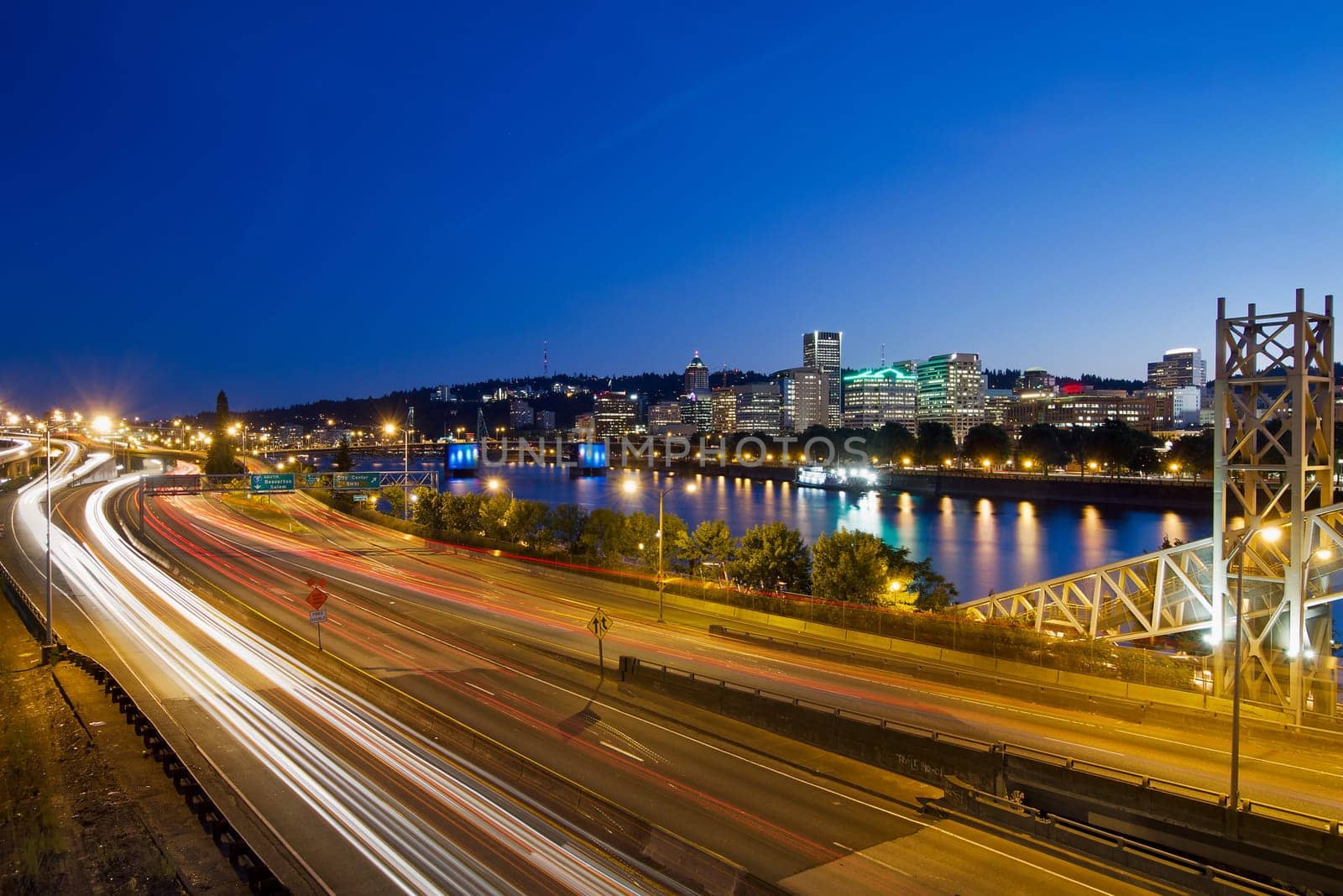 Portland Oregon Downtown Skyline Freeway Light Trails