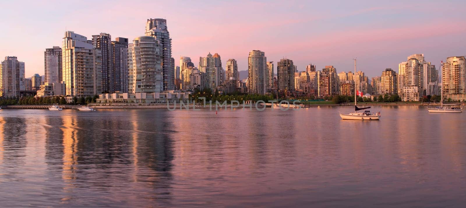 Vancouver BC Canada Skyline along False Creek at Dusk Panorama