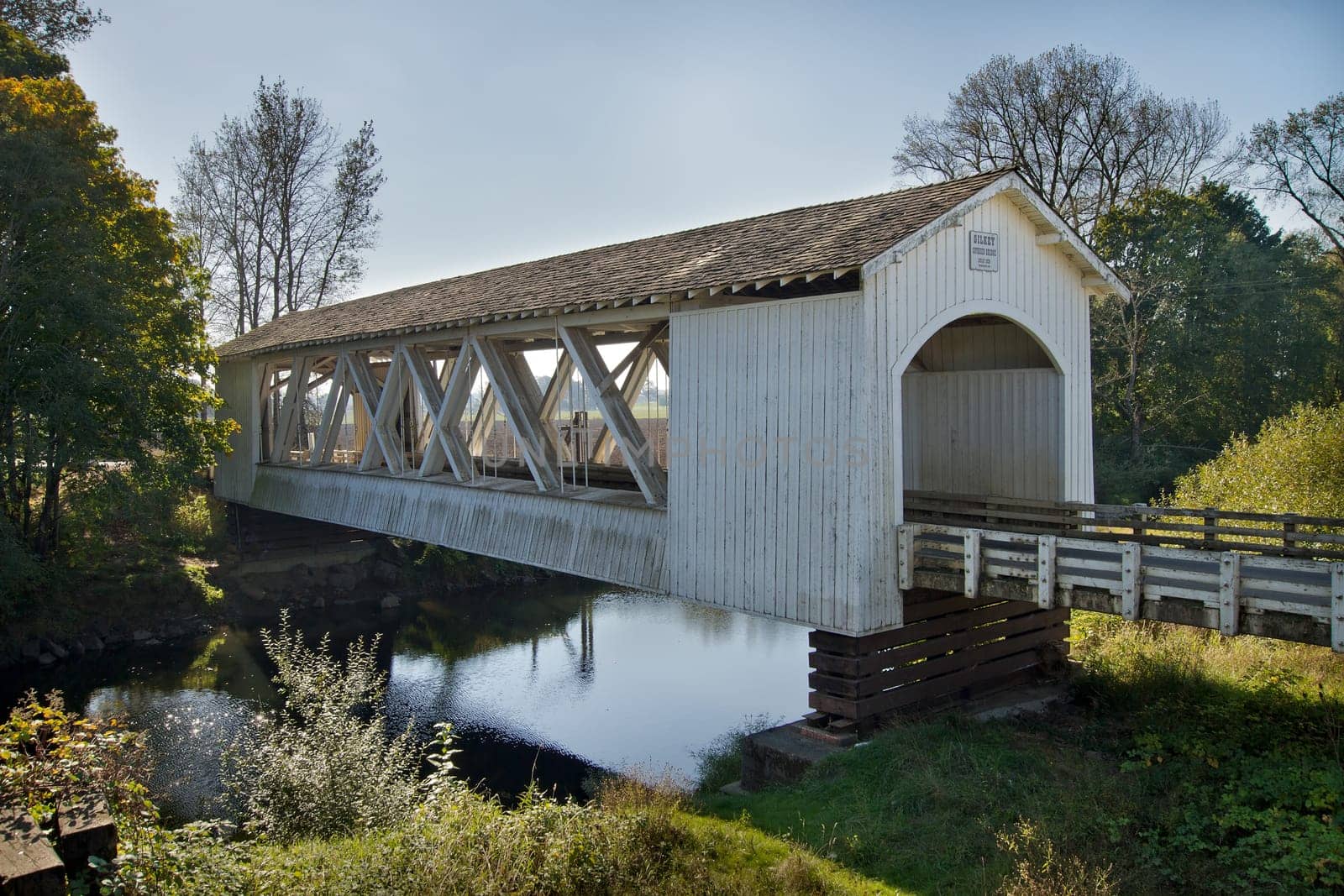 Historic Gilkey Covered Bridge Over Creek in Oregon
