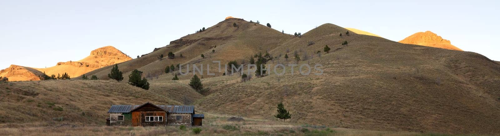 Sunrise Over Desert Farmland with Little House in Central Oregon Panorama