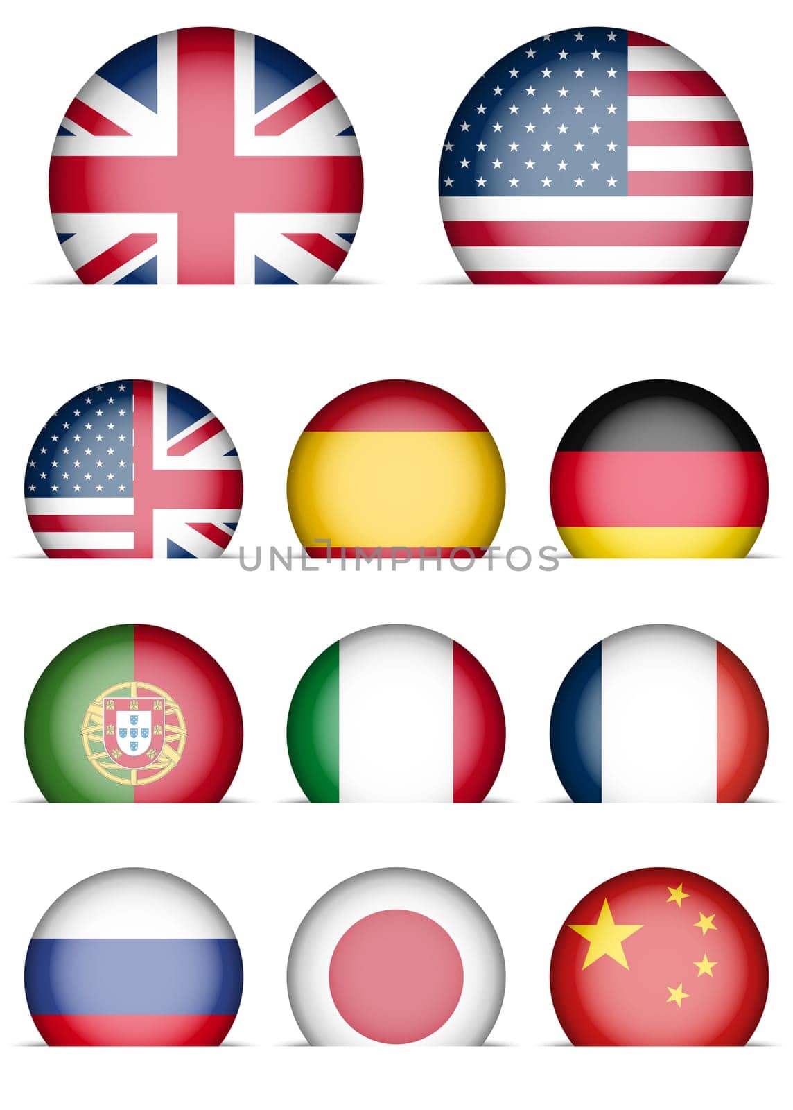 Collection of Flags Icons - Language Buttons - English, American English, Spanish, German, Portugal, Italian, French, Japanese, Russian, Chinese