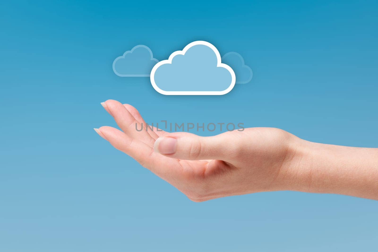 Cloud computing concept - connect to cloud is light as a feather. Hand with cloud icon.