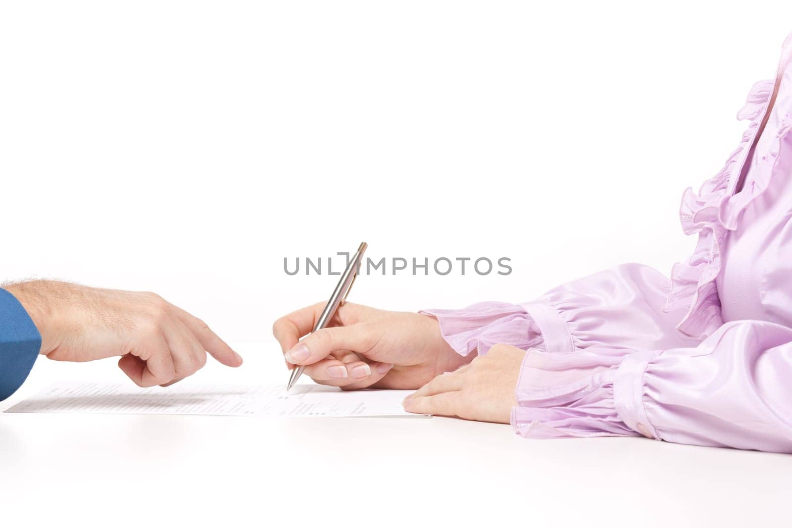 Man help woman with filling the form or sign contract