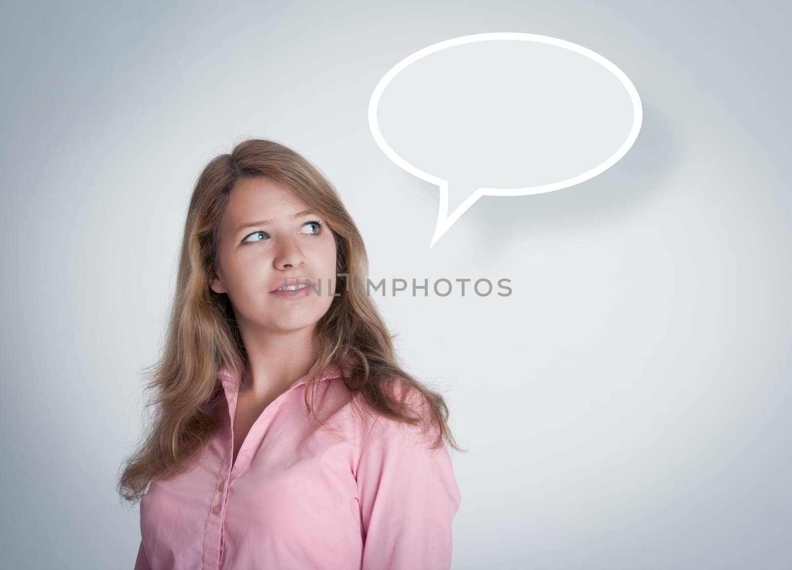 Young woman think. In balloon place your idea.