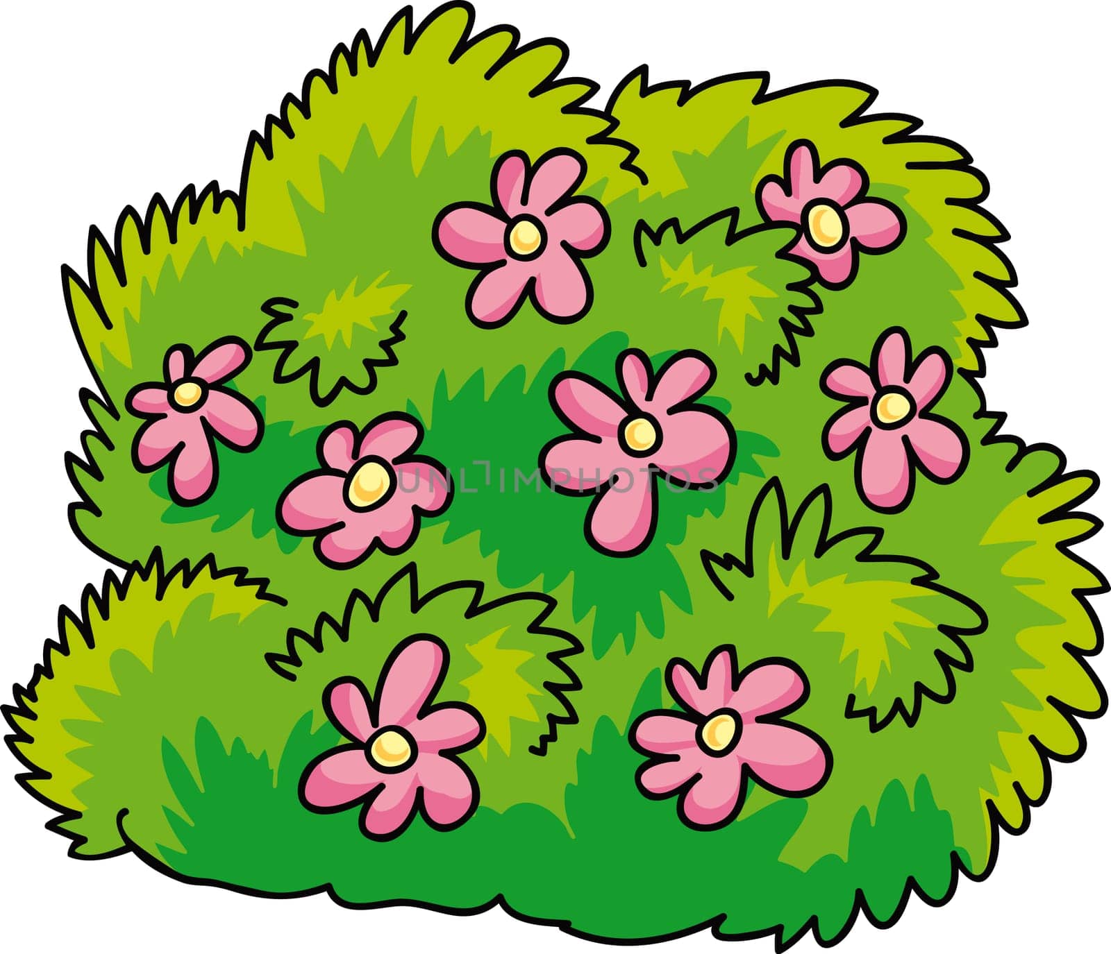 cartoon Illustration of green bush with pink flowers