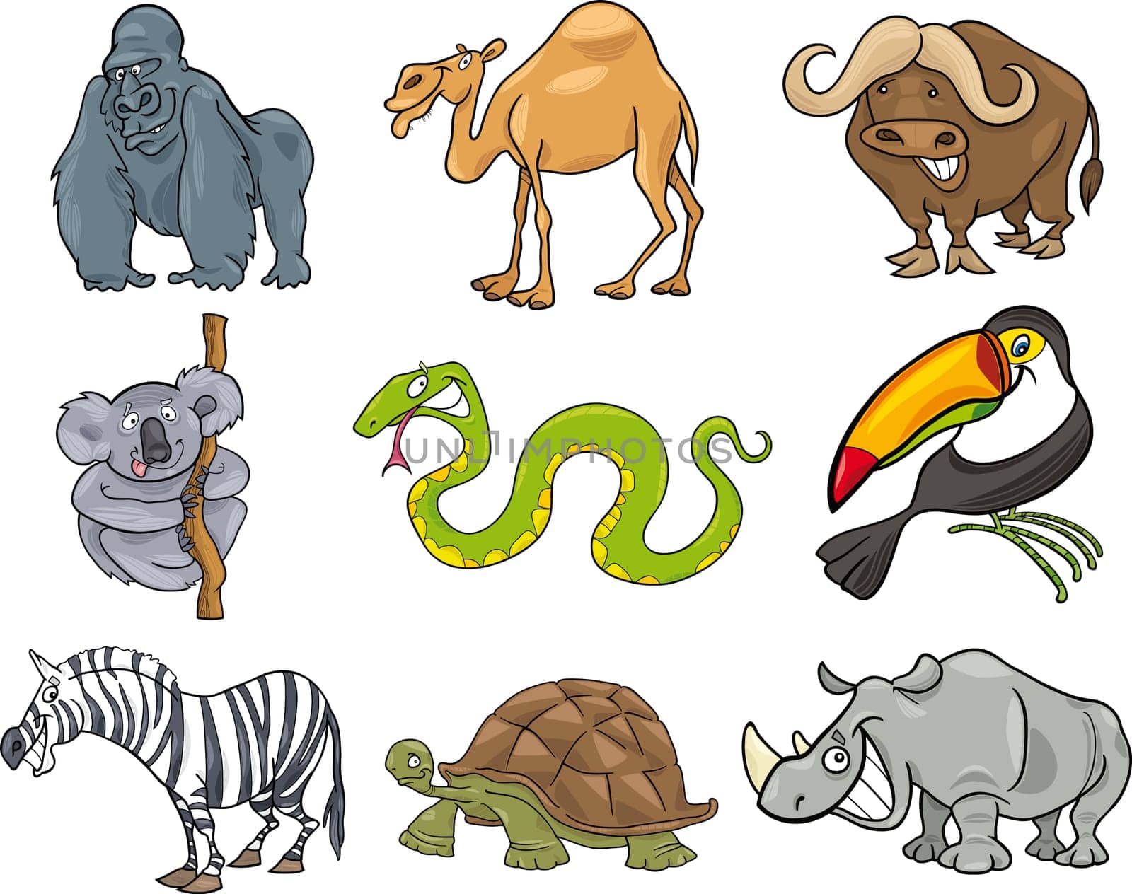 cartoon illustration of nine funny wild animals