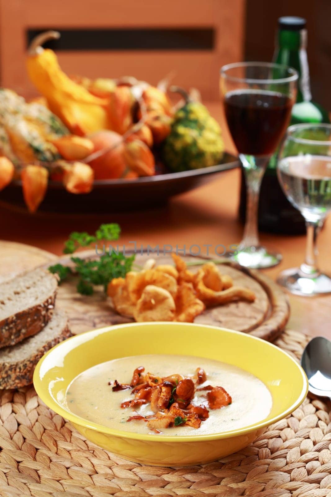 Cream of chanterelle mushroom soup with herbs