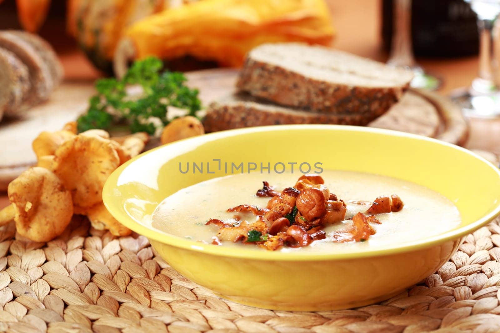 Cream of chanterelle mushroom soup with herbs