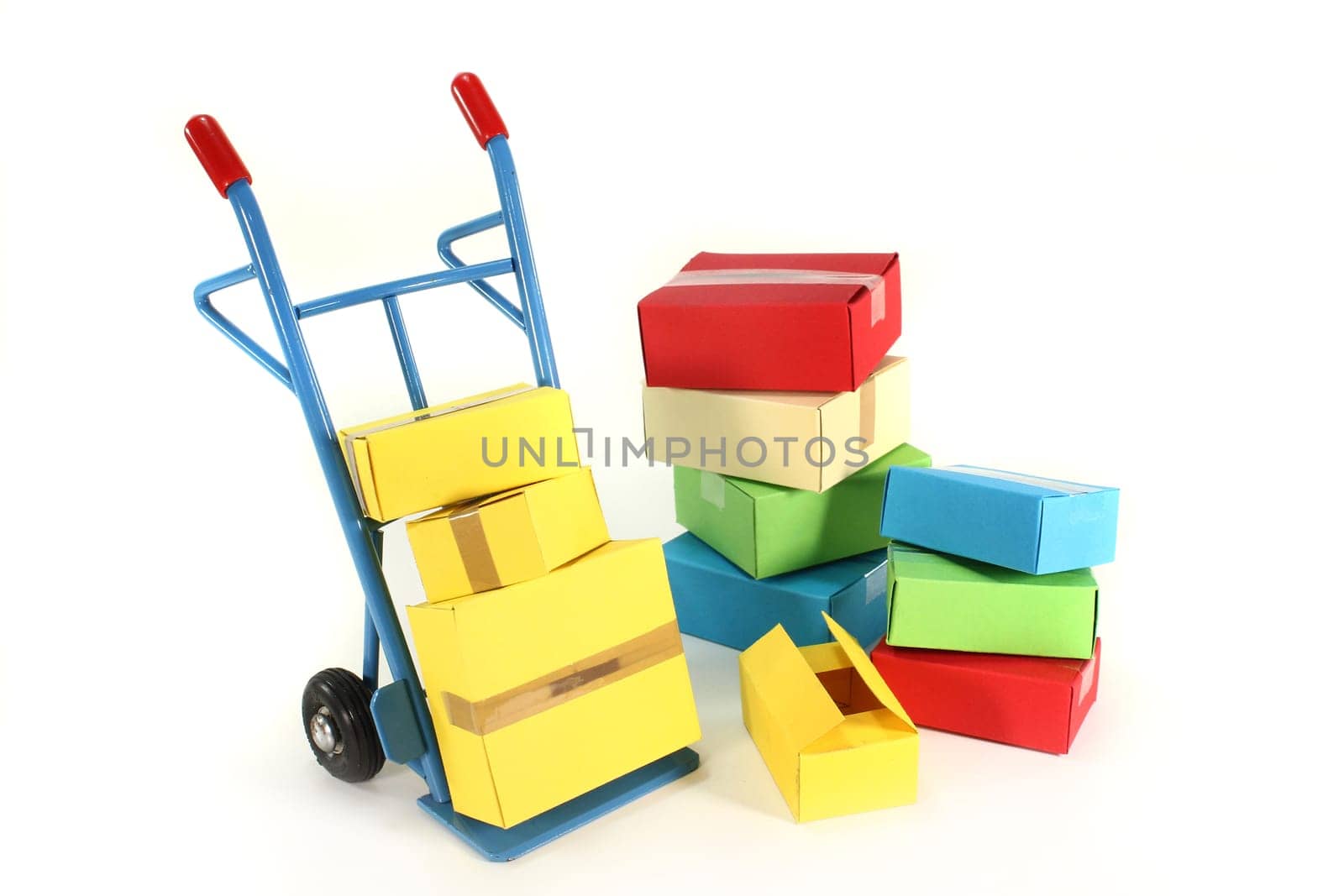 a hand truck with various packages