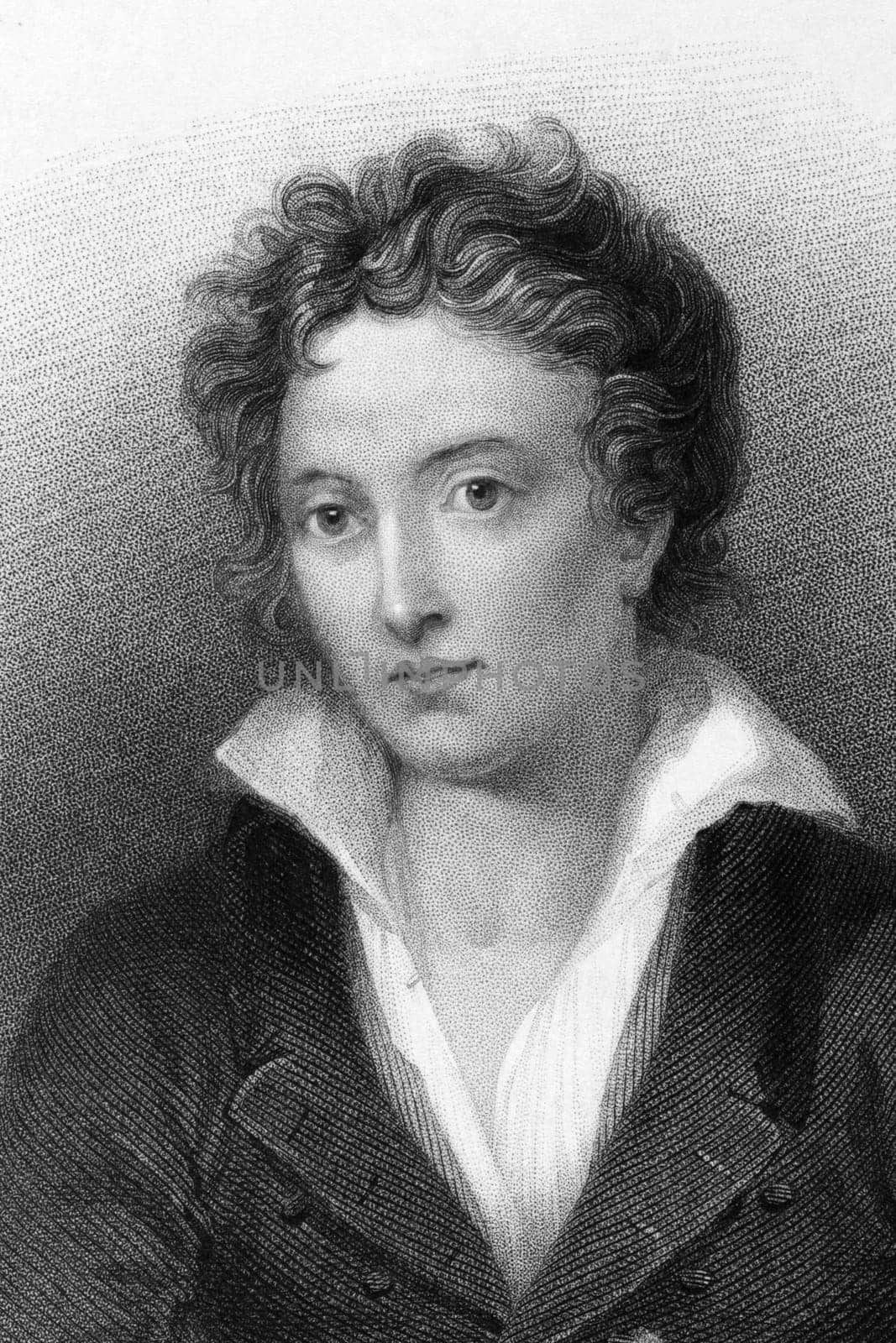 Percy Bysshe Shelley (1792-1822) on engraving from 1833. One of the major English Romantic poets. Engraved by W.Finden and published by J.Murray.