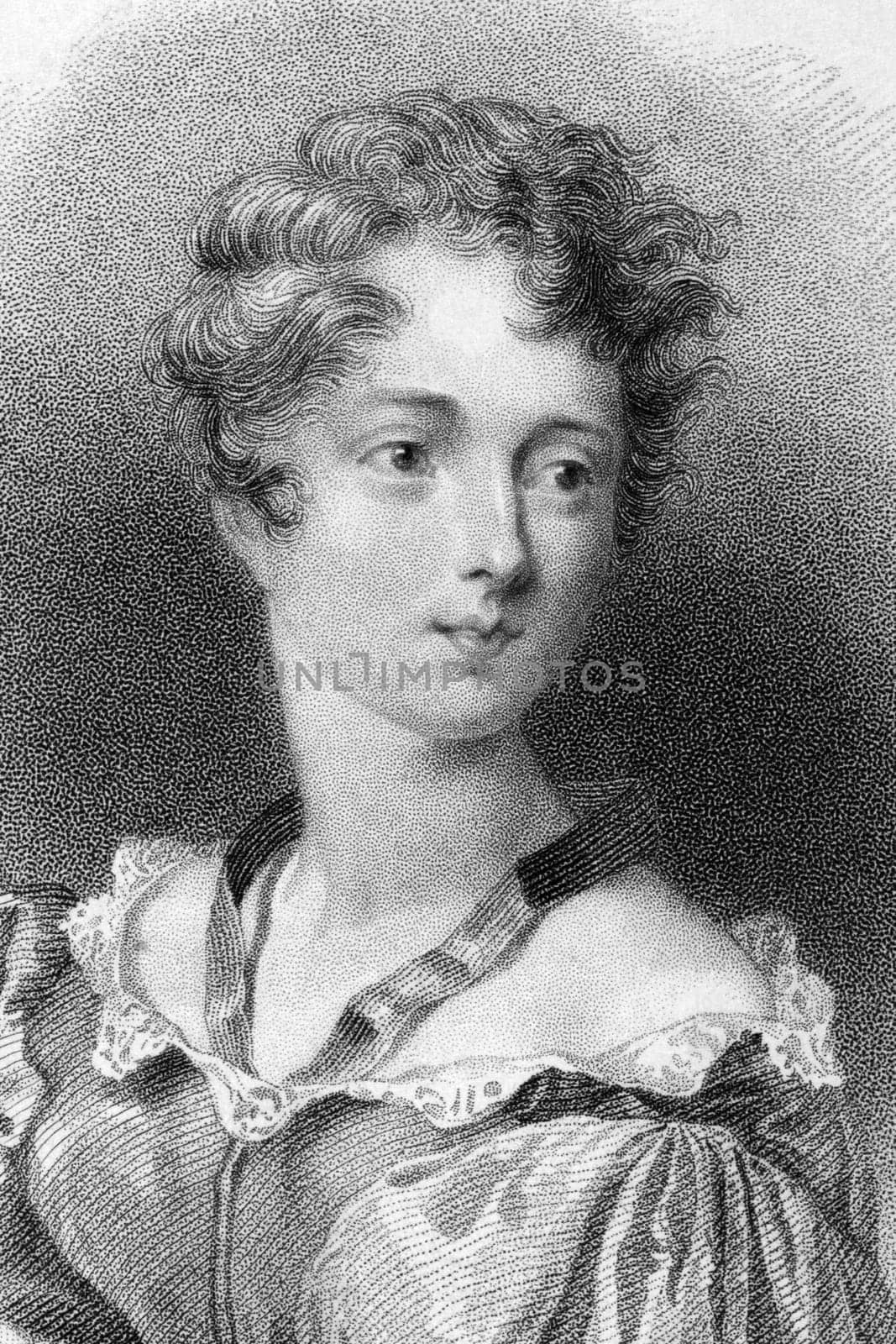 Lady Caroline Lamb (1785-1828) on engraving from 1833. British aristocrat and novelist, best known for her affair with Lord Byron in 1812. Engraved by W.Finden and published by J.Murray.