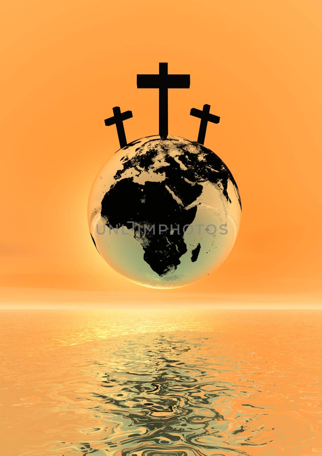 Three crosses for Golgotha on earth planet by sunset