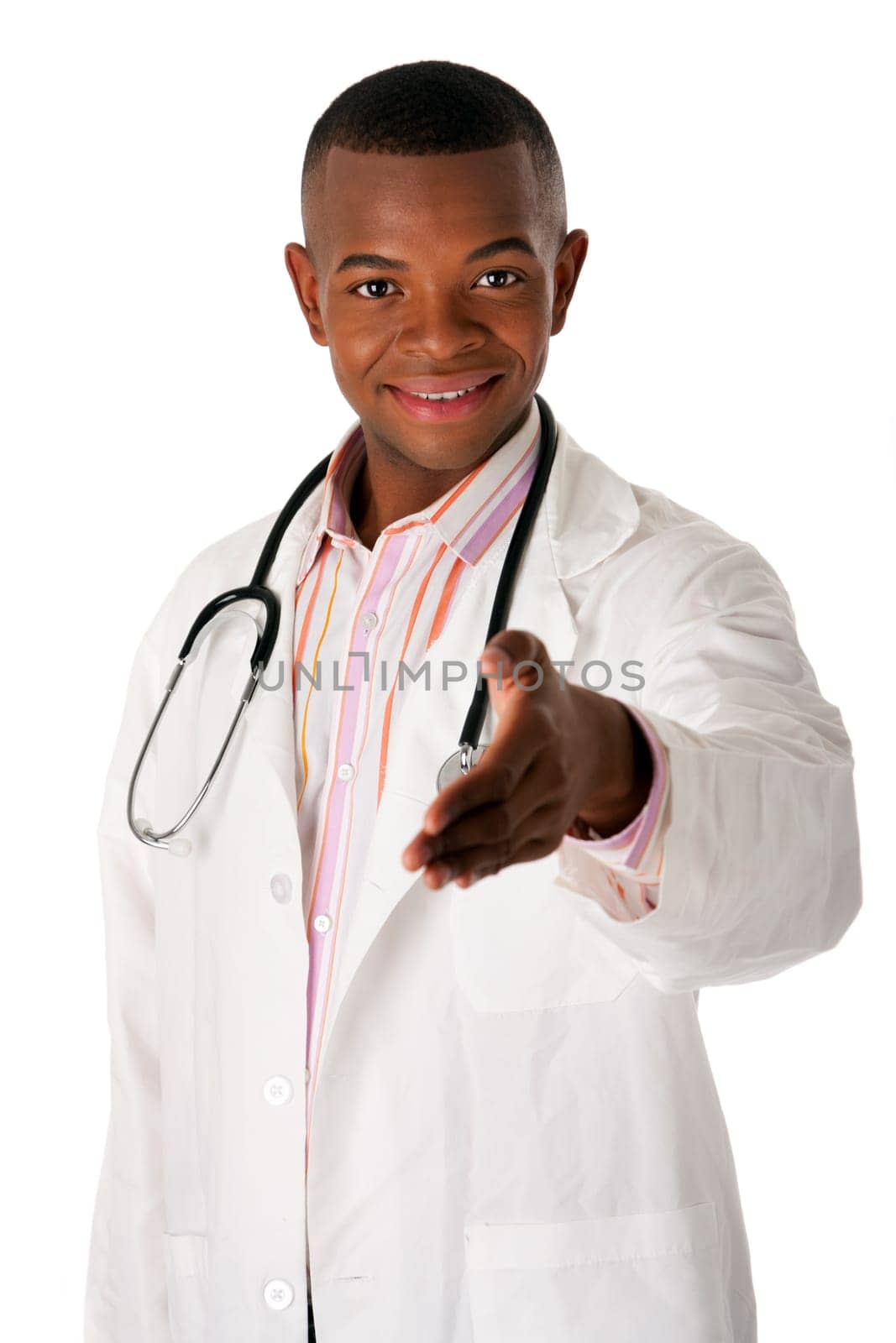 Handsome friendly male physician doctor nurse reaching out ready to shake hands with stethoscope, isolated.