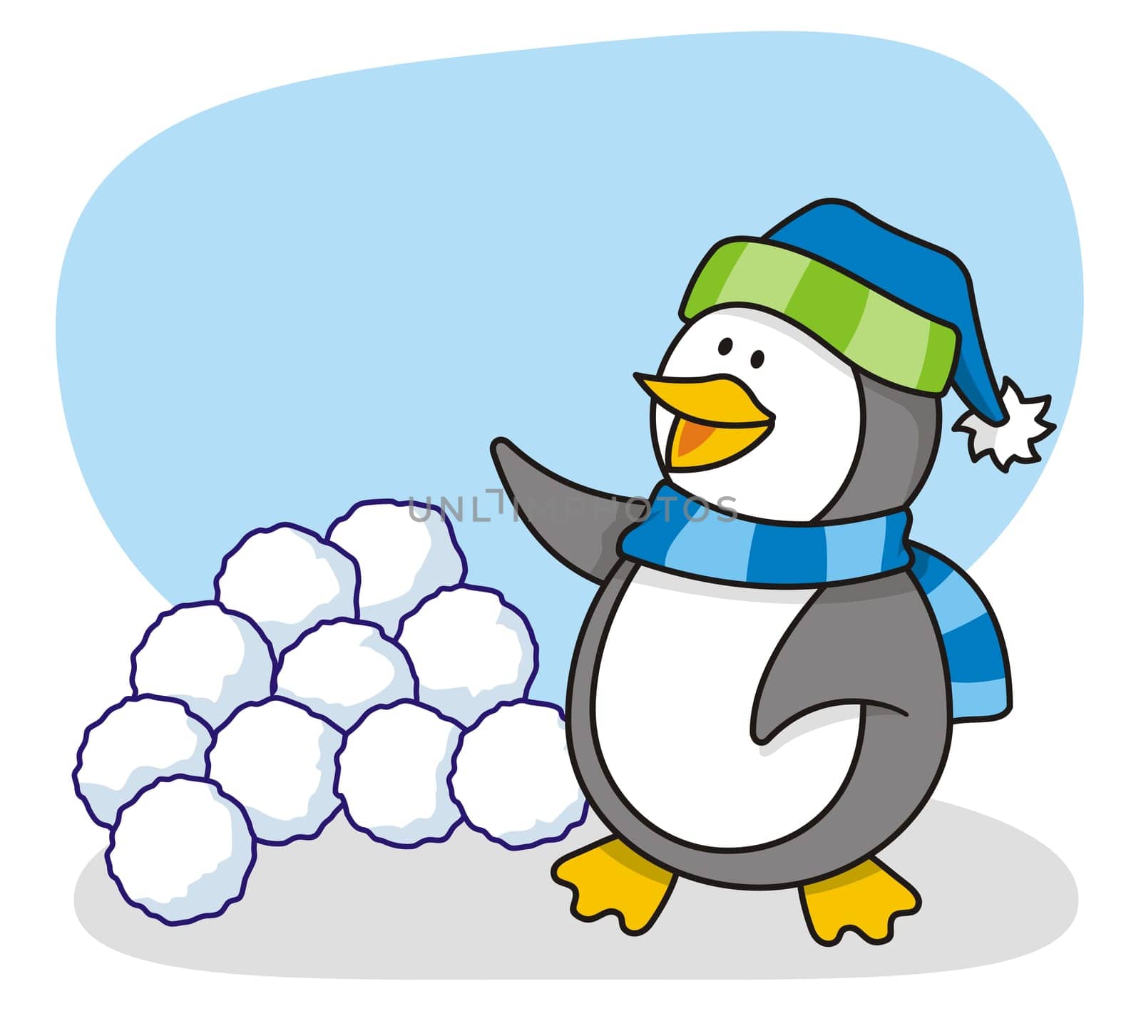 Vector cartoon of little penguin with snow waving