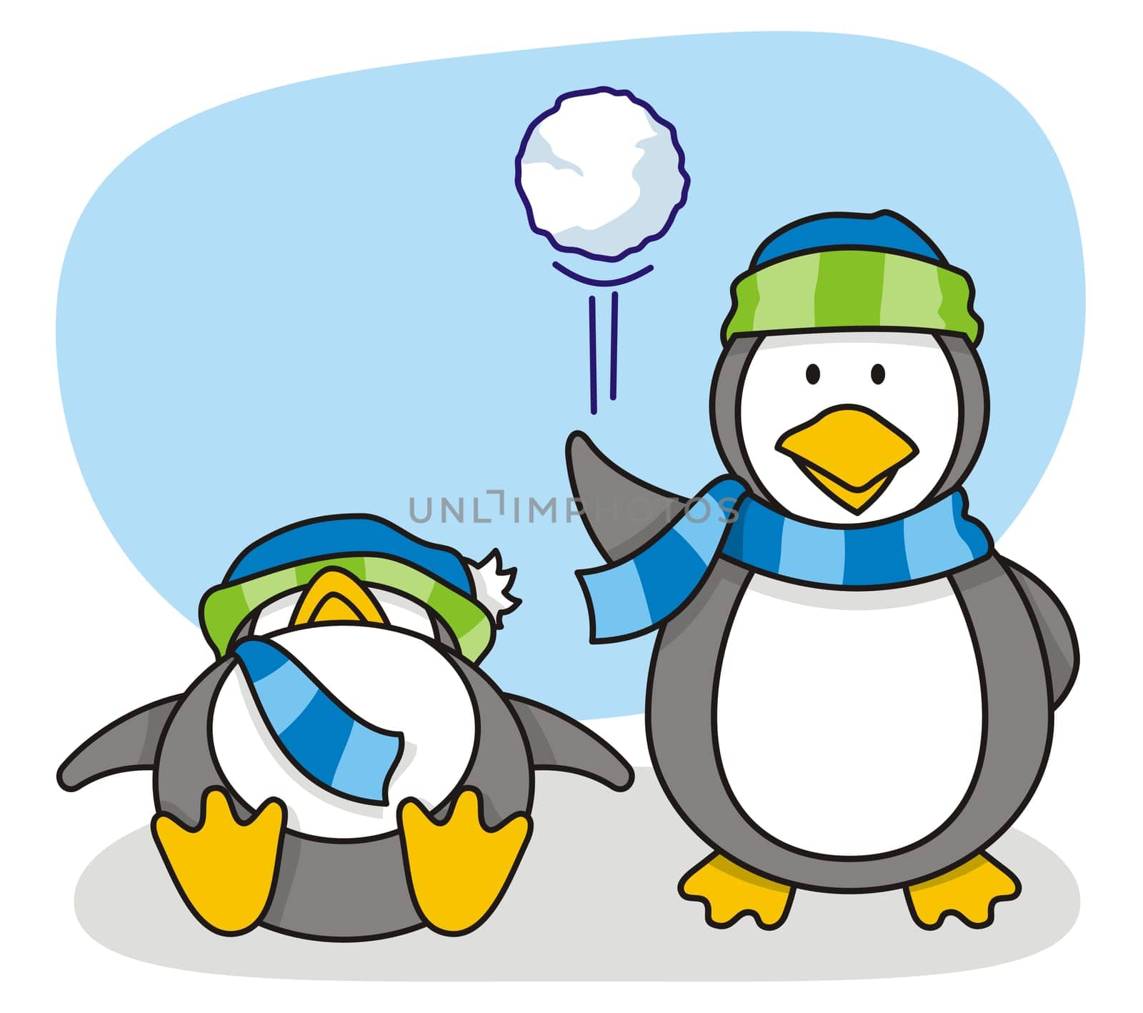 Vector cartoon of two little penguins with snow