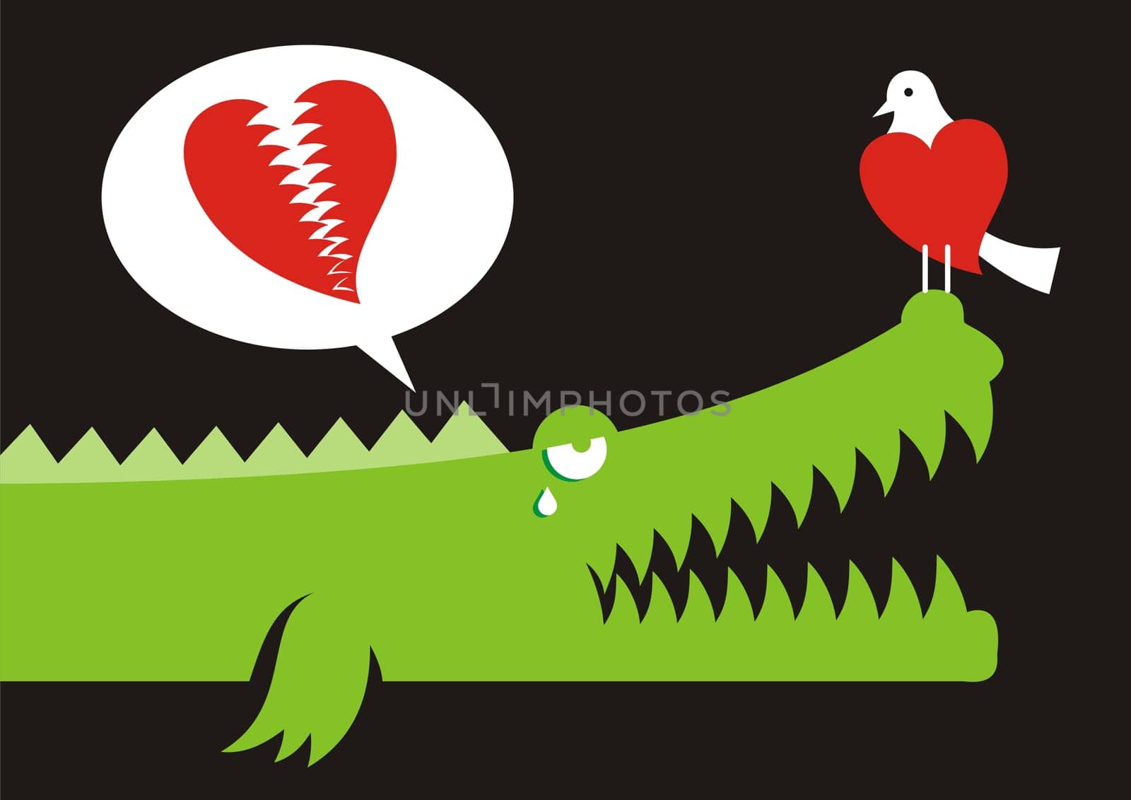 Alligator expressing his love for bird with crocodile tears