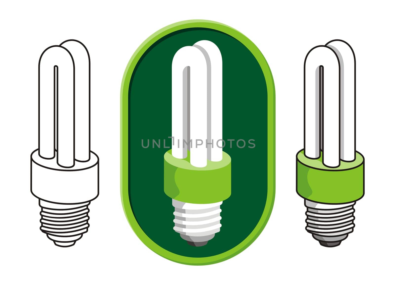 Illustration of a compact fluorescent light bulb icon in three versions.