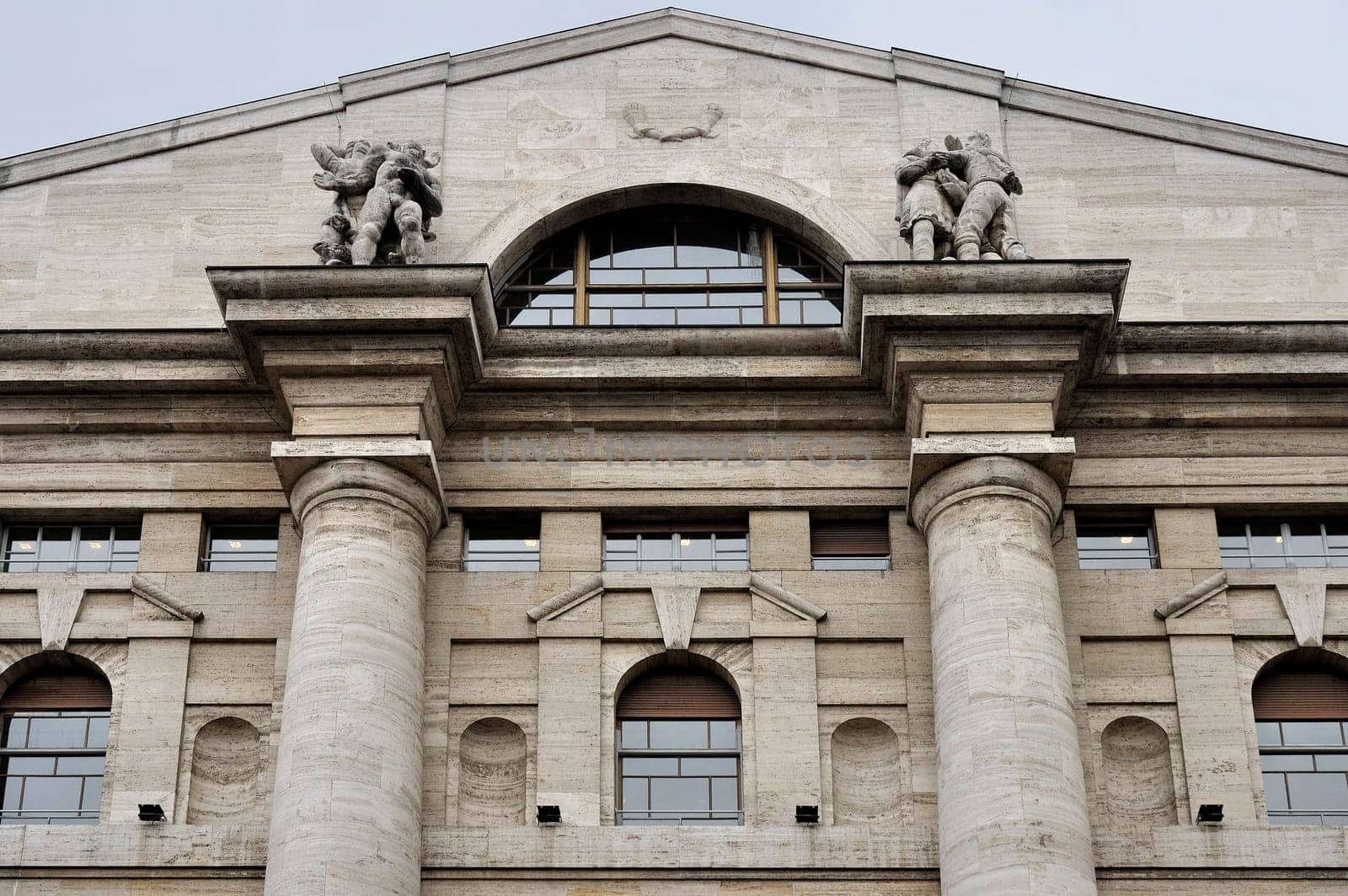 view of upper part and gable of monumental stock-exchange building in city center