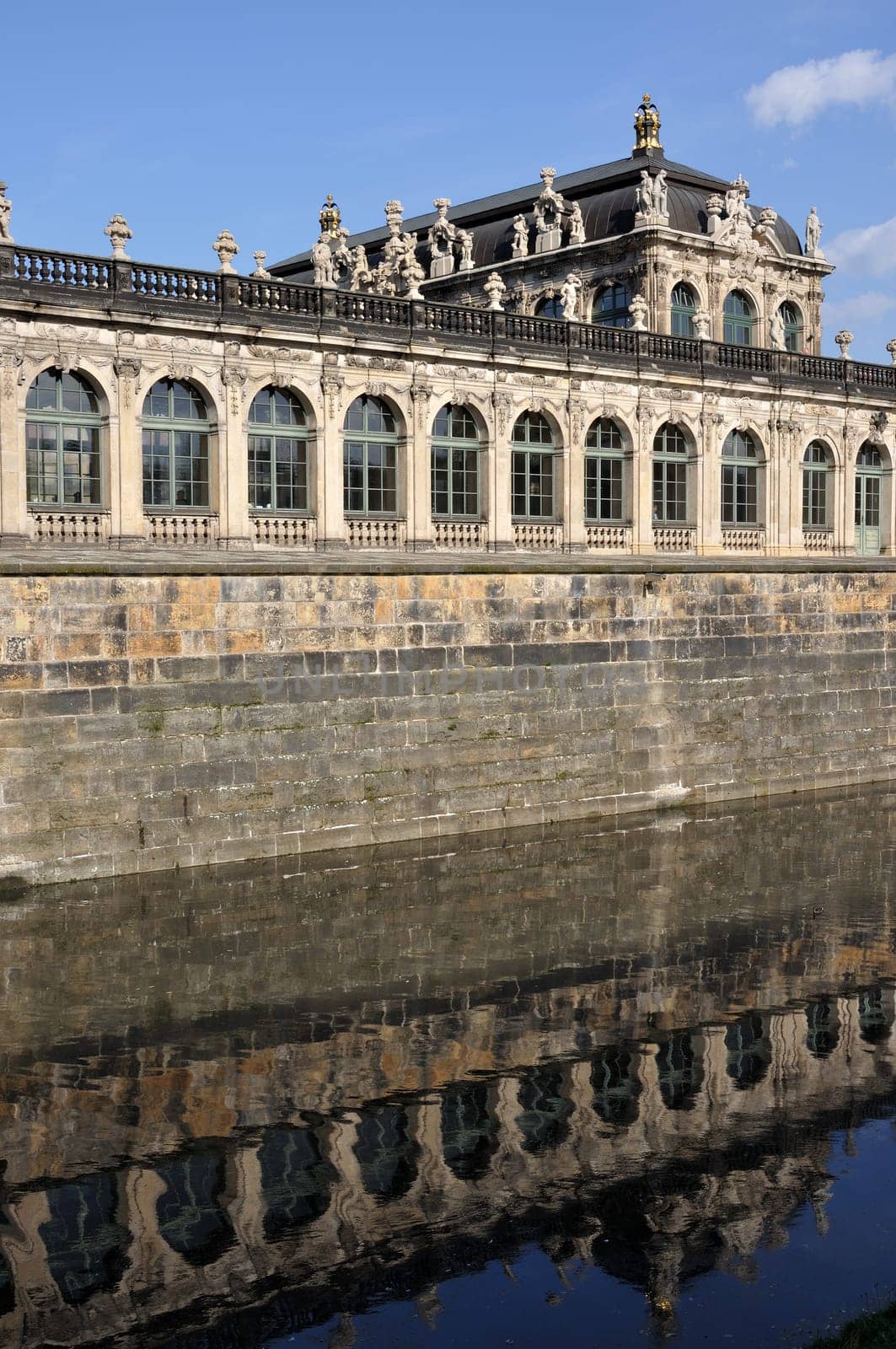 external fortification wall and moat at a famous palace and  museum  in dresden, the baroque building has been  rebuilt after second world war damages