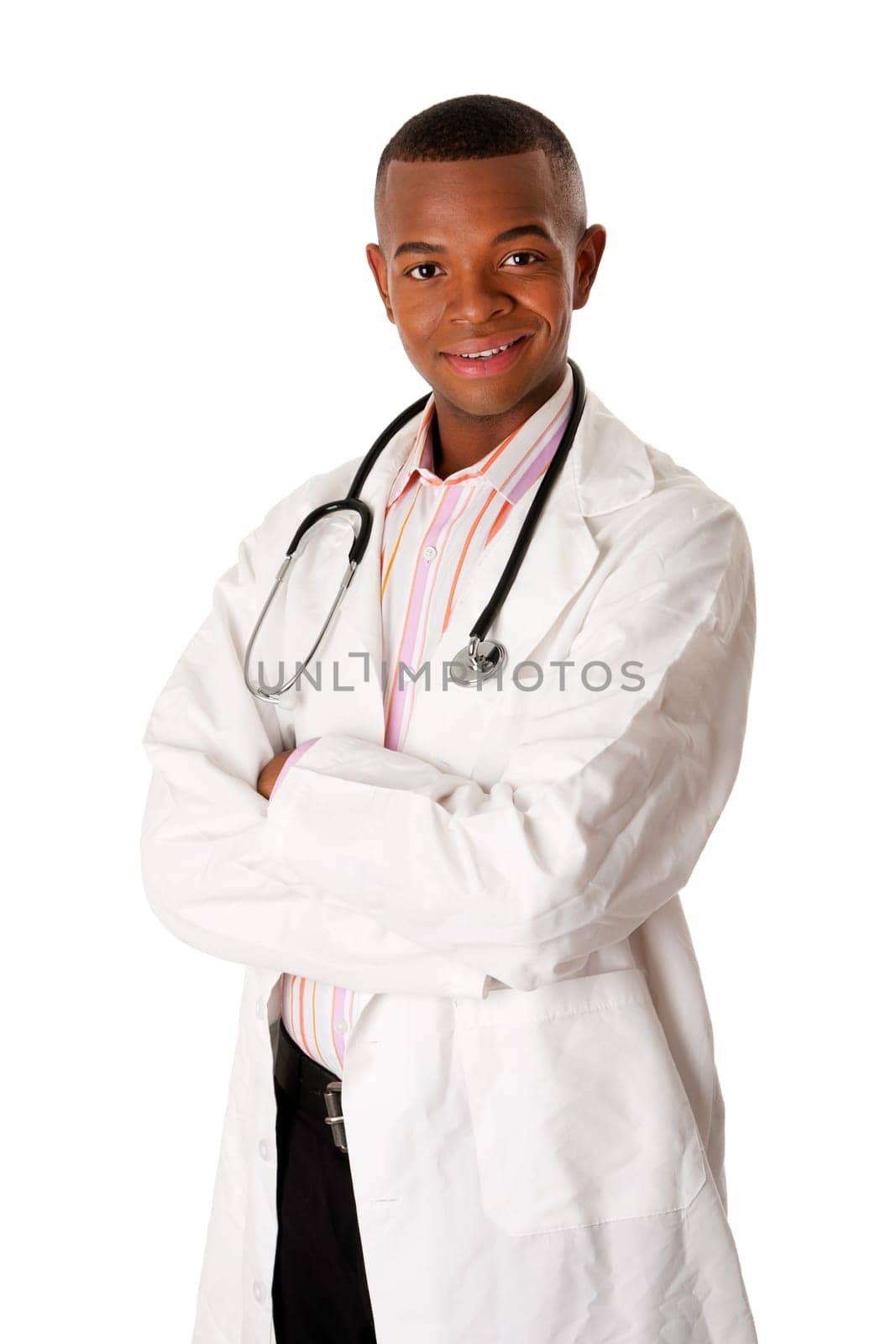 Handsome happy smiling male doctor physician nurse standing with arms crossed, isolated.